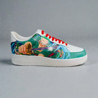 Custom Nike Air Force 1 sneaker featuring hand-painted Roronoa Zoro from One Piece with sword artwork and red laces.