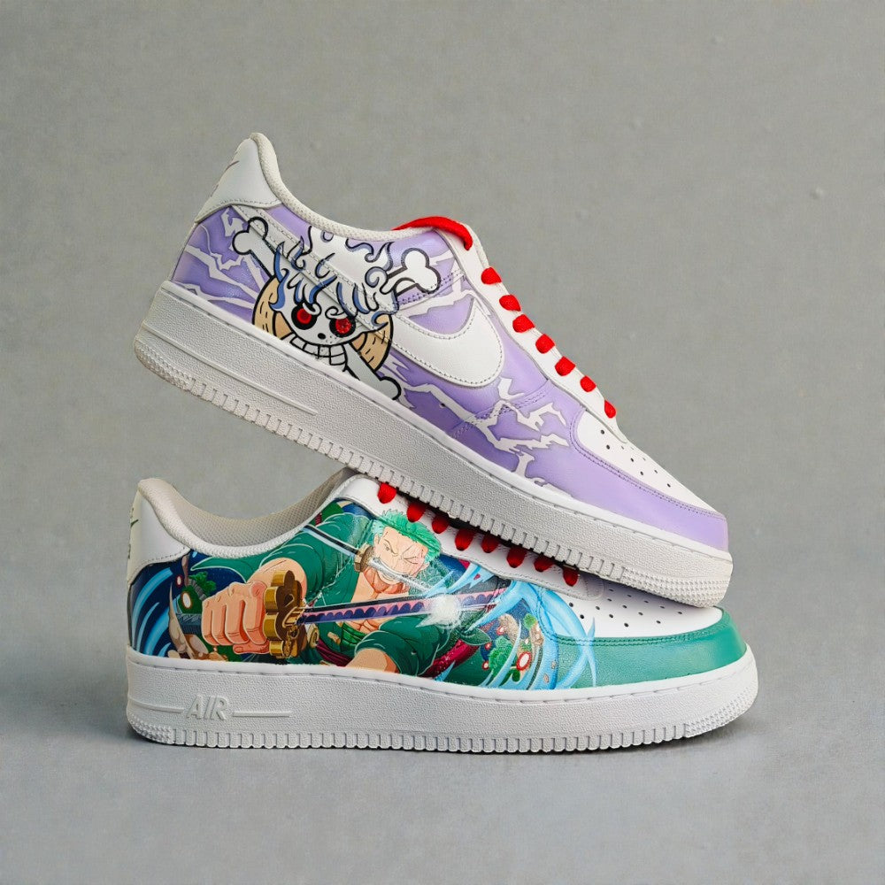 Custom Nike Air Force 1 sneakers featuring hand-painted One Piece artwork with Roronoa Zoro sword illustration and Chopper skull design, red laces.