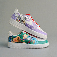 Custom Nike Air Force 1 sneakers featuring hand-painted One Piece artwork with Roronoa Zoro sword illustration and Chopper skull design, red laces.