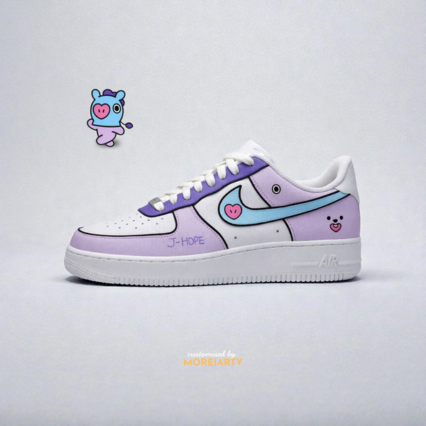 BT21 Mang custom Nike Air Force 1 – hand-painted lavender panels with J-Hope-inspired Mang character