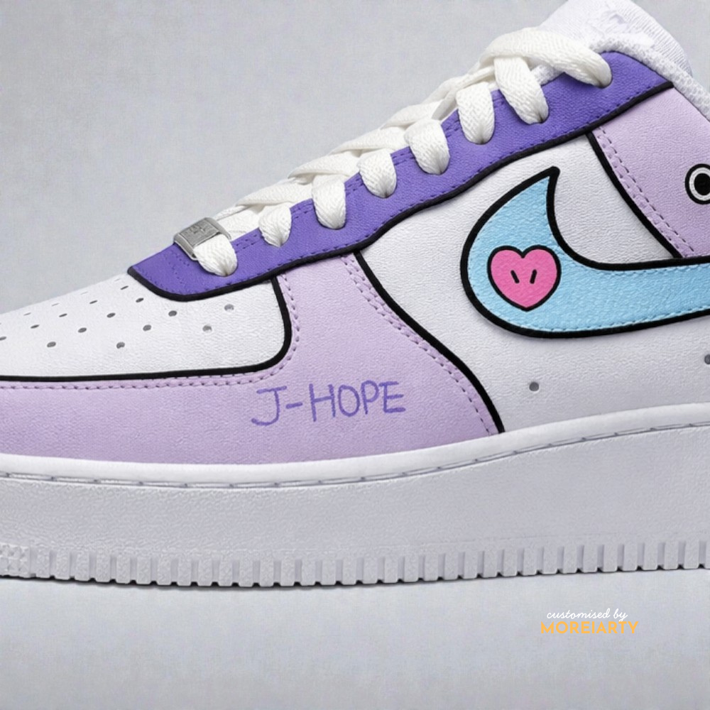 BT21 Mang AF1 side panel showing J-Hope branding on custom hand-painted Air Force 1