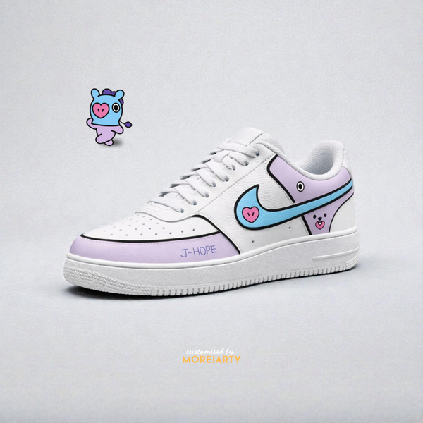 BT21 Mang custom Nike Court Vision – hand-painted lavender panels with J-Hope-inspired Mang character