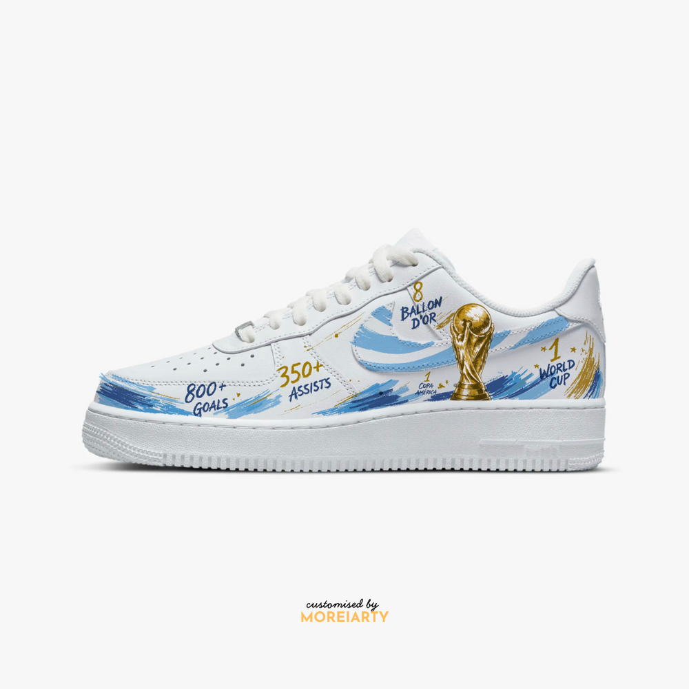 Moreiarty custom Nike Air Force 1 — Messi legacy stats panel, hand-painted World Cup trophy with 8 Ballon d'Or, 800+ goals, 350+ assists in blue and gold
