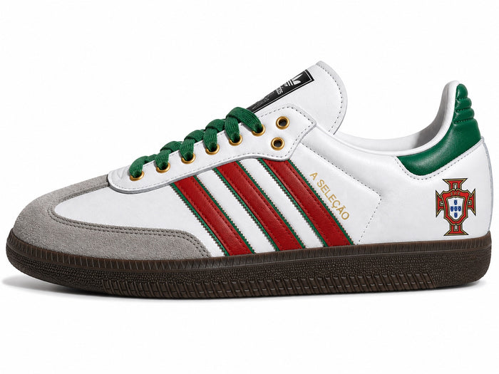 Moreiarty custom Adidas Samba — FIFA 2026 Portugal edition, white leather with red and green stripes, gold A Seleção lettering and FPF crest on heel