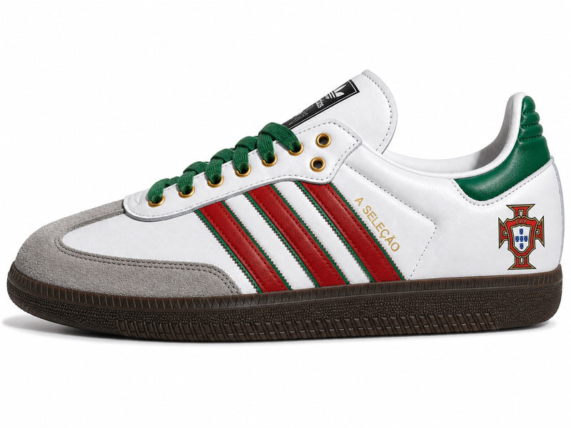 Moreiarty custom Adidas Samba — FIFA 2026 Portugal edition, white leather with red and green stripes, gold A Seleção lettering and FPF crest on heel