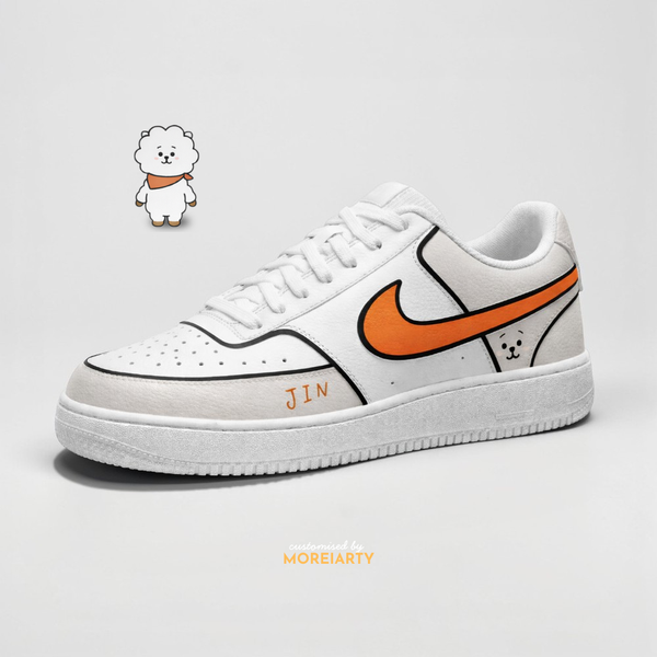 BT21 RJ custom Nike Air Force 1 – hand-painted white base with orange accents and Jin-inspired RJ art