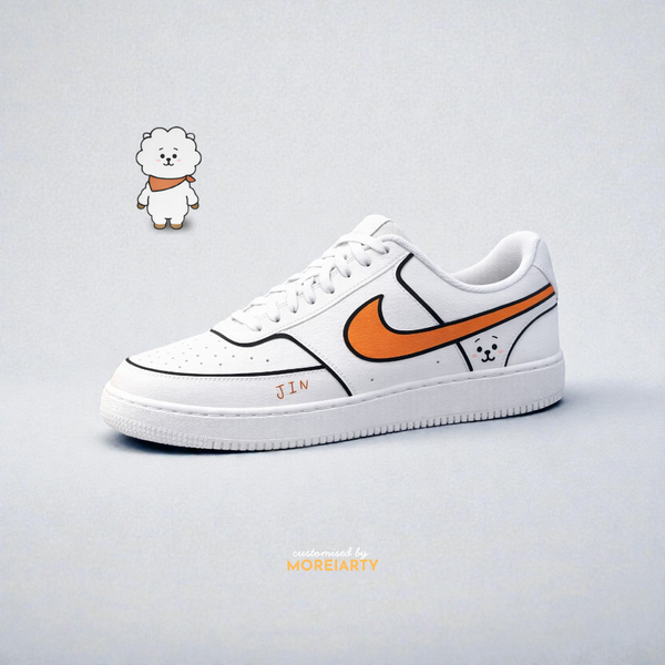 BT21 RJ custom Nike Court Vision – hand-painted white panels with orange accents and Jin-inspired art