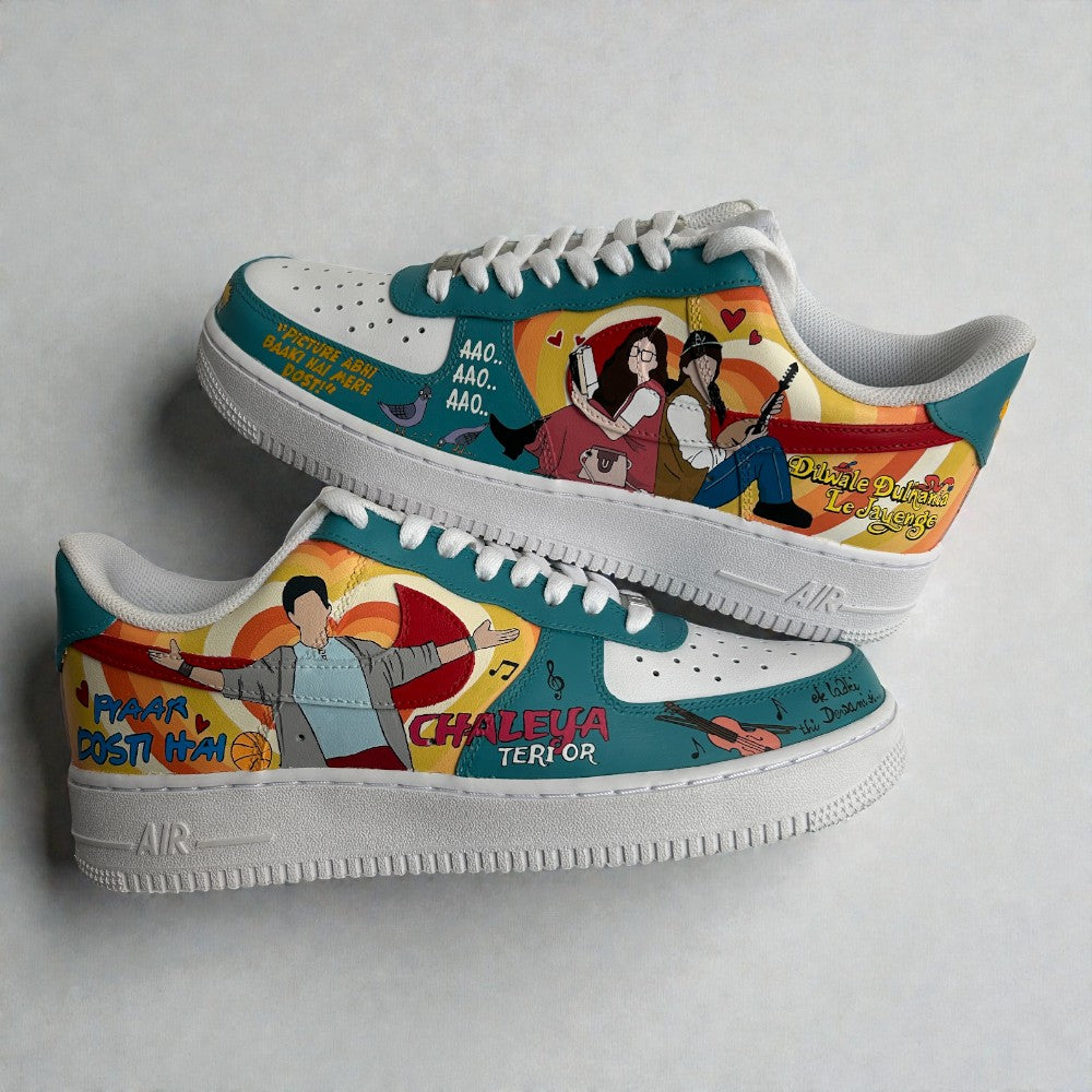 Custom hand-painted Nike Air Force 1 sneakers inspired by Bollywood pop culture, featuring illustrated movie-style characters, vibrant retro colour palettes, musical motifs, and Hindi dialogue text, painted by hand on a white leather base and photographed in a stacked side profile.