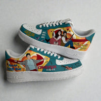 Custom hand-painted Nike Air Force 1 sneakers inspired by Bollywood pop culture, featuring illustrated movie-style characters, vibrant retro colour palettes, musical motifs, and Hindi dialogue text, painted by hand on a white leather base and photographed in a stacked side profile.