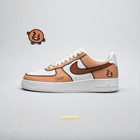 BT21 Shooky custom Nike Air Force 1 – hand-painted warm brown and tan panels with Suga-inspired Shooky
