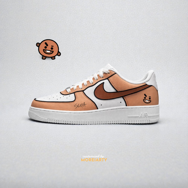 BT21 Shooky custom Nike Air Force 1 – hand-painted warm brown and tan panels with Suga-inspired Shooky