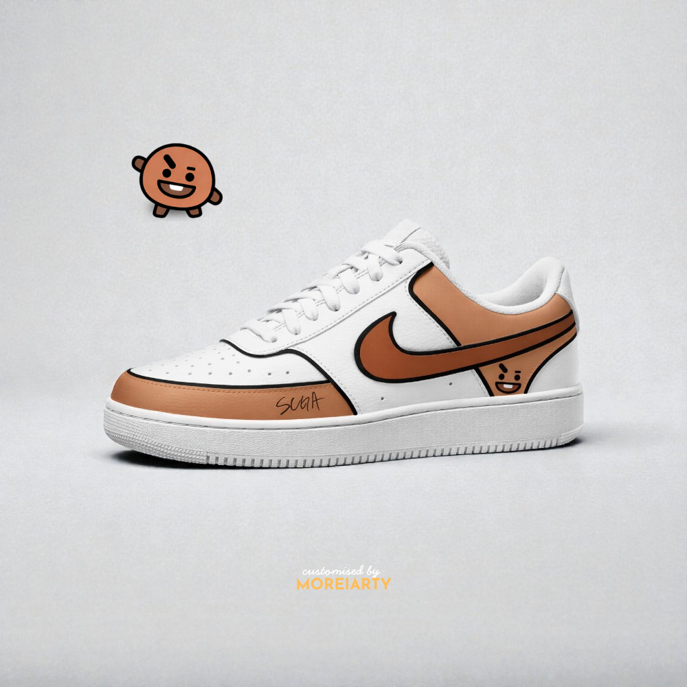 BT21 Shooky inspired custom sneakers celebrating BTS and Suga. Hand-painted on premium leather with warm brown tones and playful character details. One-of-one design.