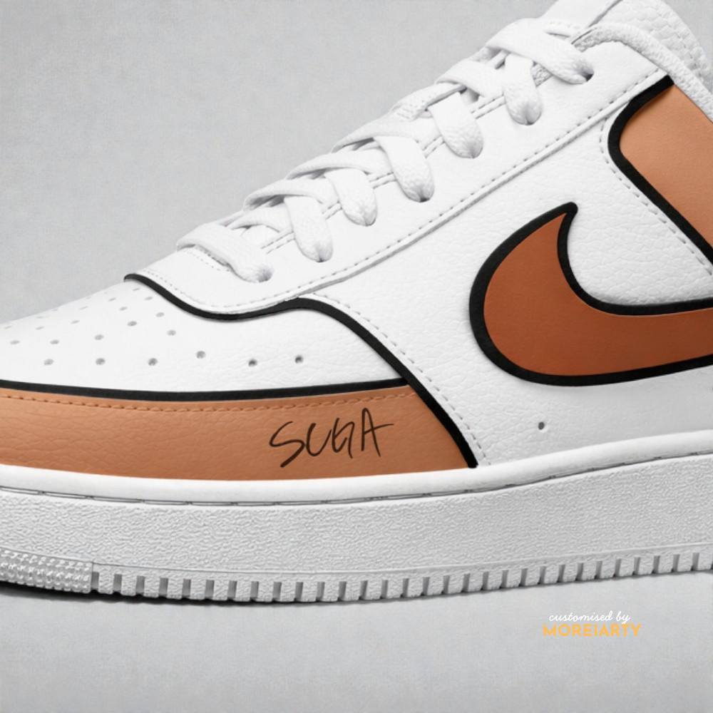 BT21 Shooky Court Vision side detail with brown accents and Shooky character artwork