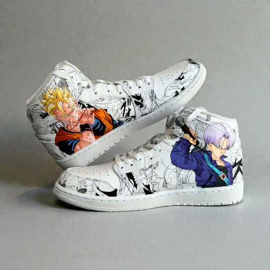 Side view of custom Nike Air Force 1 high-top sneakers featuring hand-painted Dragon Ball Z anime artwork, black-and-white manga panels, detailed character illustrations, and a white leather base.