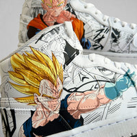 Close-up side panel of custom Nike Air Force 1 sneaker with hand-painted Dragon Ball Z anime artwork, overlapping character illustrations, and visible leather stitching.
