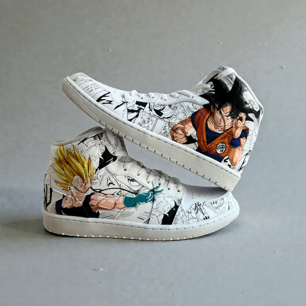 Custom hand-painted Nike-style sneakers featuring anime-inspired artwork across both shoes.