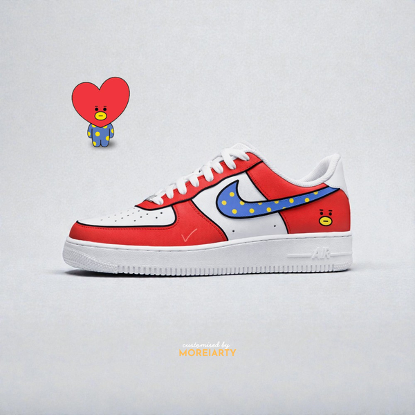 BT21 Tata custom Nike Air Force 1 – hand-painted bold red panels with V-inspired Tata heart mascot