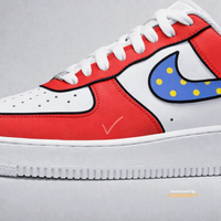 BT21 Tata AF1 side panel with red and white design and colourful polka-dot Nike swoosh