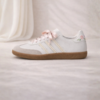 The Whisper bridal sneaker – tonal hand-painted florals on Adidas Samba with pearl accents by Moreiarty