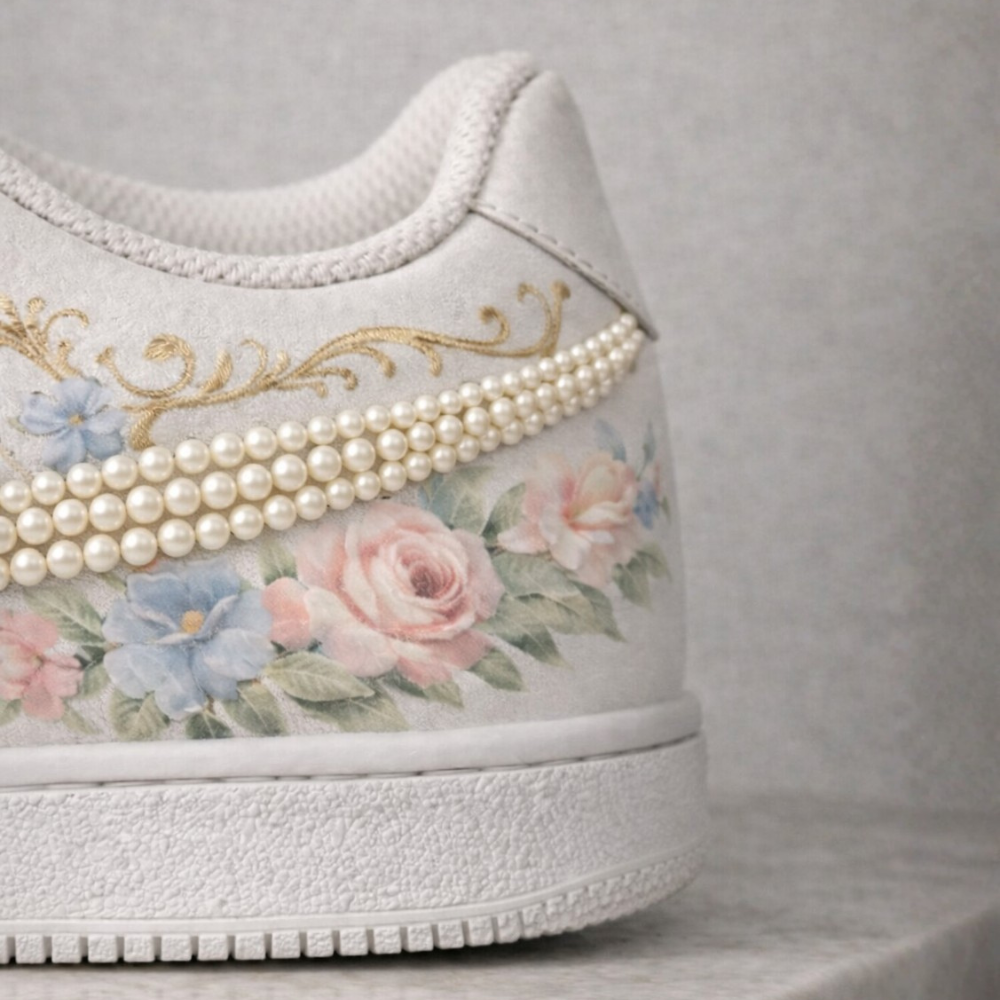 White sneaker with floral design and pearl embellishments on a gray background