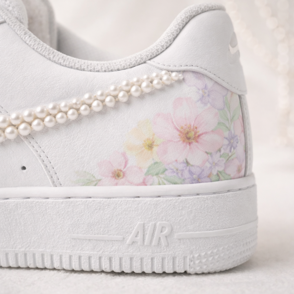 White sneaker with floral pattern and pearl detail on a light background