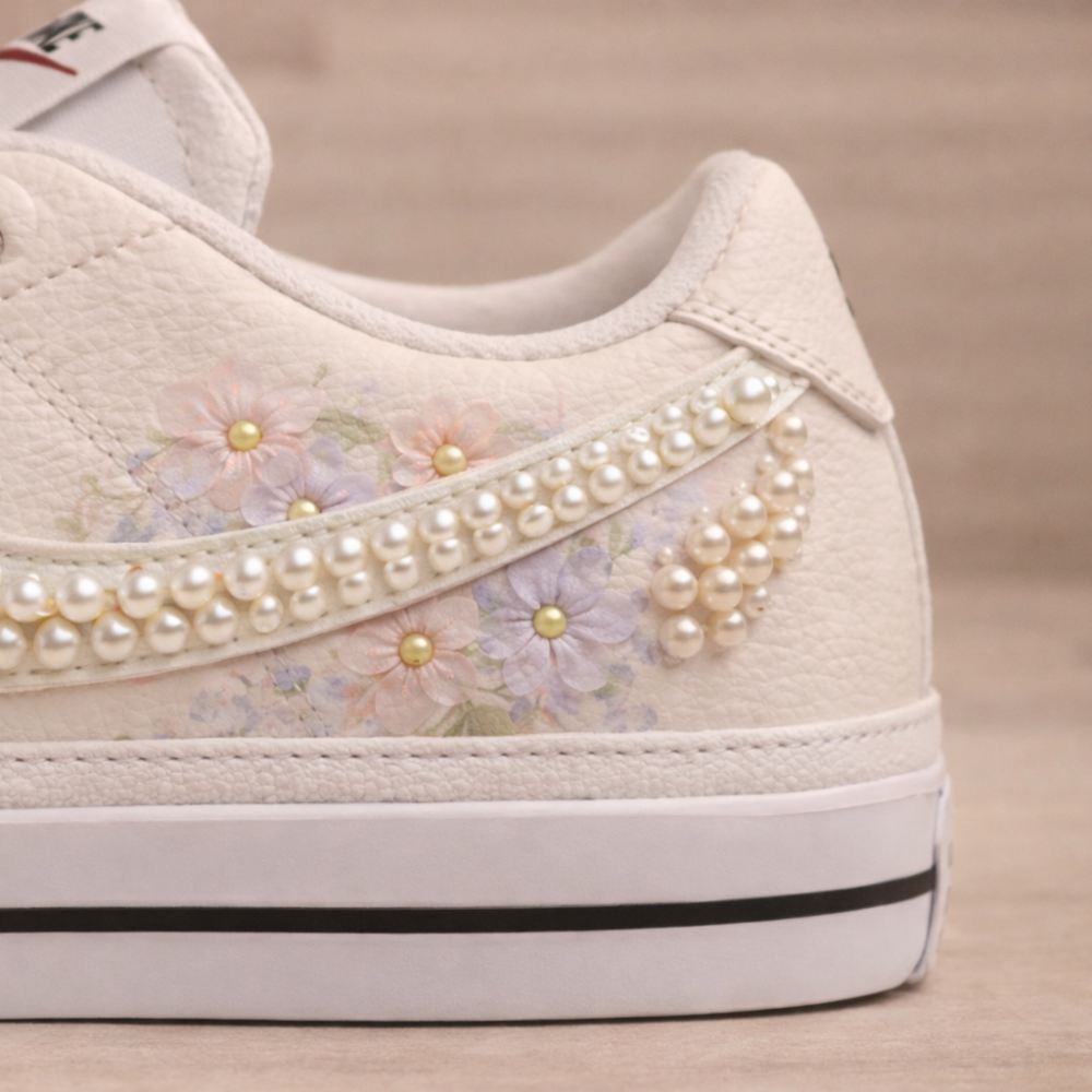 The Midnight Letter wedding sneaker – Nike Court Legacy with floral pattern and pearl accent detail