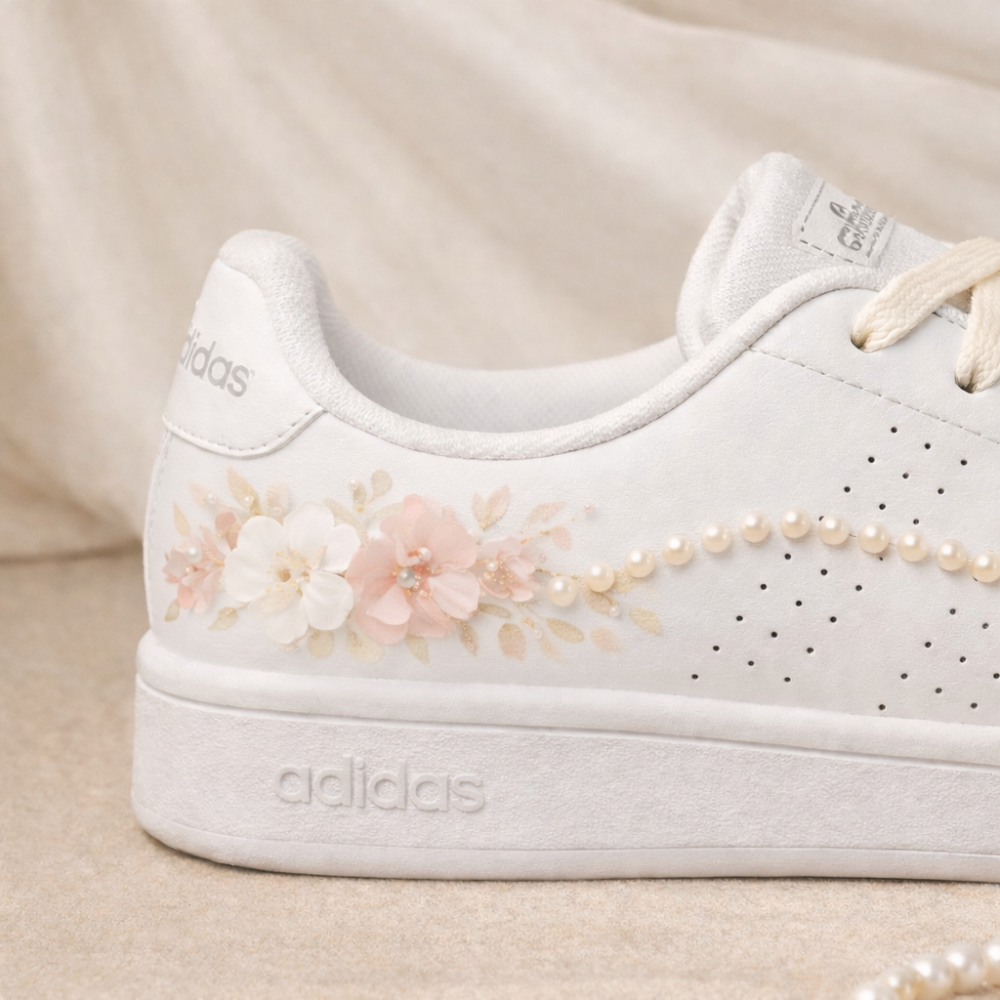 The Silent Conspiracy bridal Adidas with hand-painted florals and pearl detail