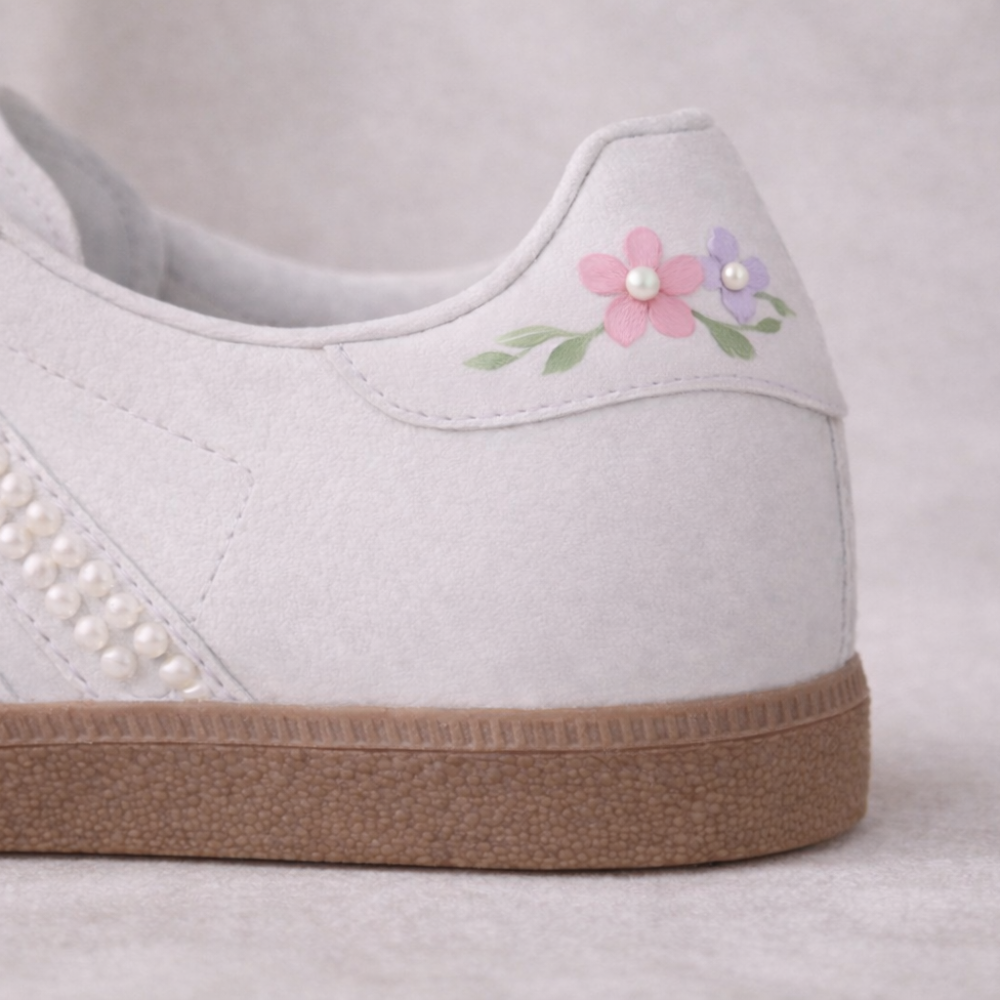 The Whisper bridal Samba showing hand-painted floral and pearl design detail