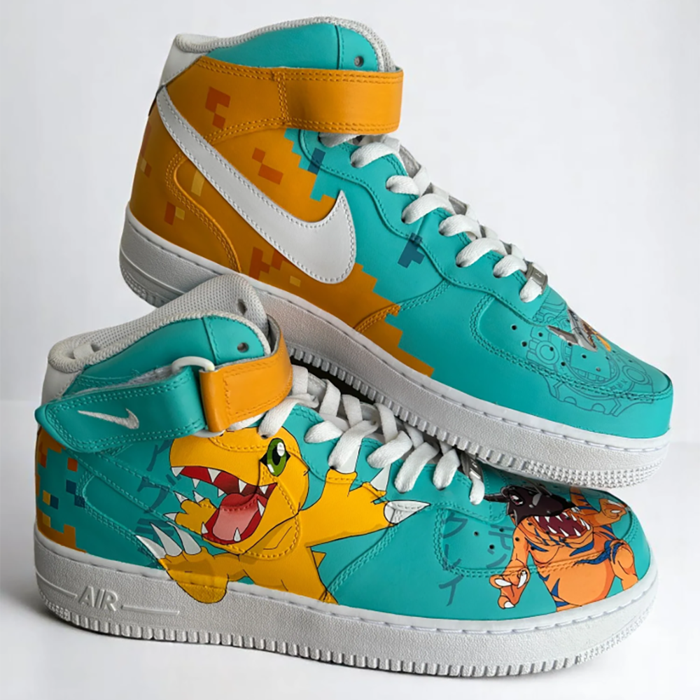 Digimon Evolution custom custom sneakers — on foot view, Digimon Evolution art by Moreiarty, India