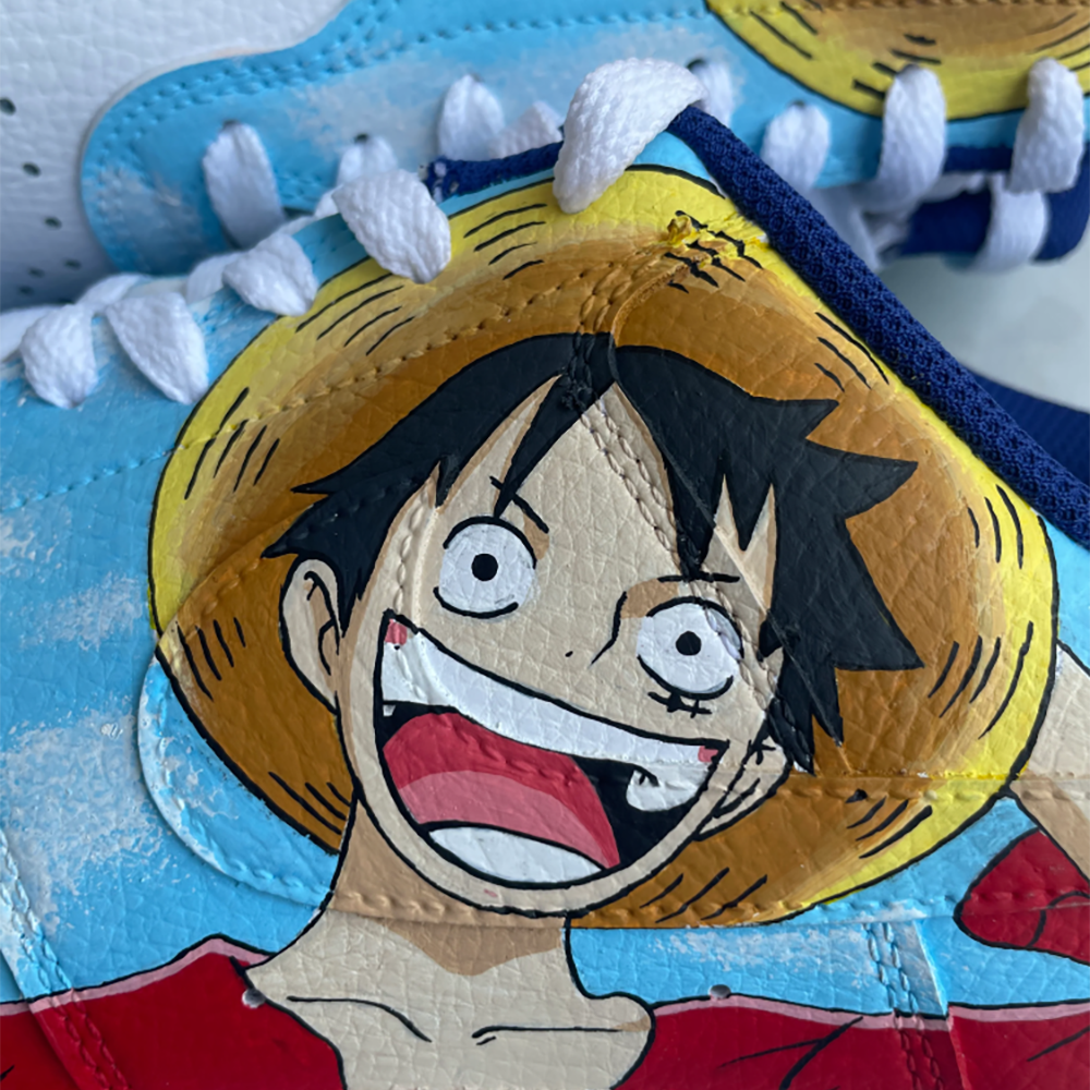 Luffy Court custom nike court vision — heel closeup view, Luffy art by Moreiarty, India